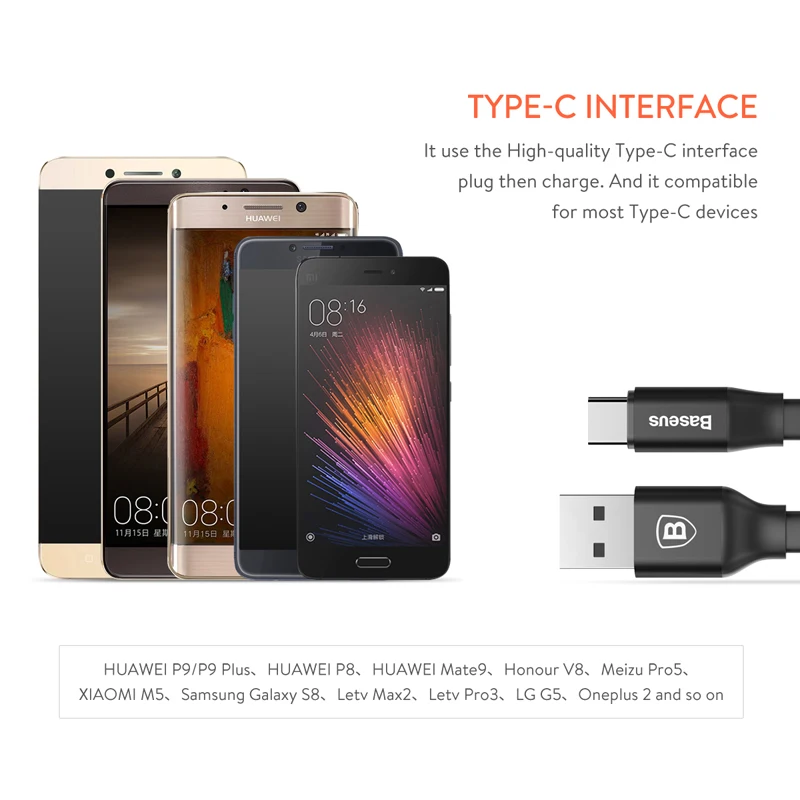 Кабель зарядный Baseus USB Type C для Samsung S9 Plus S8 huawei mate 10 lite|Кабели мобильных телефонов| |