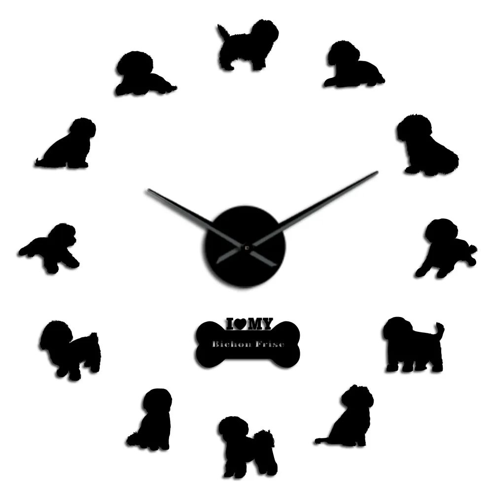 Black Большие настенные часы Bichon Frise с 3D зеркальным эффектом, Бишон Тенерифе, бесшумные часы без тиканья, настенные часы Bichon Para poil frisе - Цвет: Black