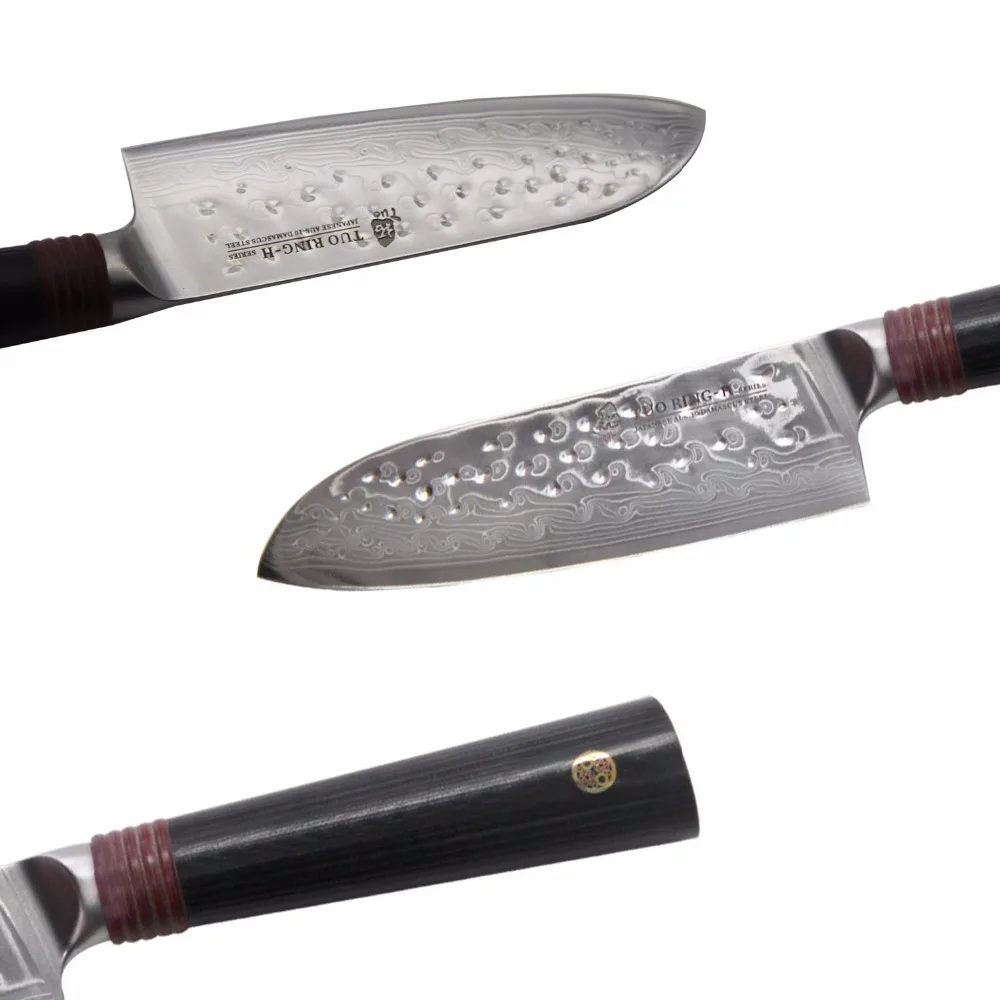 TUO столовые приборы Santoku нож-японский дамасский AUS-10 высокоуглеродистая Нержавеющая сталь-Молотковая отделка-Азиатский кухонный нож-5,5''