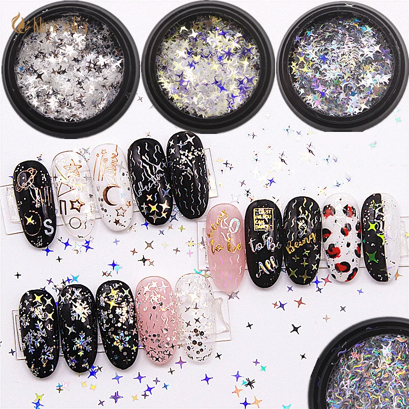 

5pcs/lot Laser Nail Sequins Flash Snowflake Star Nail Flakes 3D Glitter UV Gel Polish Nail Art Decoration Tips New Arrival