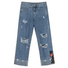 На лето и весну европейский стиль для женщин в полоску рваные манжеты вышивка джинсовые прямые брюки, промывают джинсы для