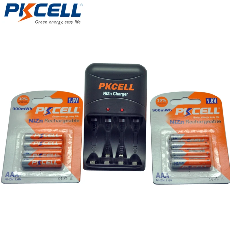 Beste 8 Stks PKCELL NIZN 1.6 V AAA 900mWh Ni ZN Oplaadbare Batterij 3A Bateria Baterias + NiZn AA AAA Acculader