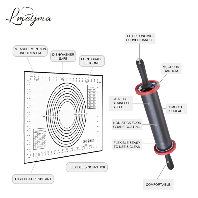 LMETJMA Скалка из нержавеющей стали с толстыми кольцами сверхмощный Регулируемый ролик для теста с силиконовым ковриком для выпечки KC0097