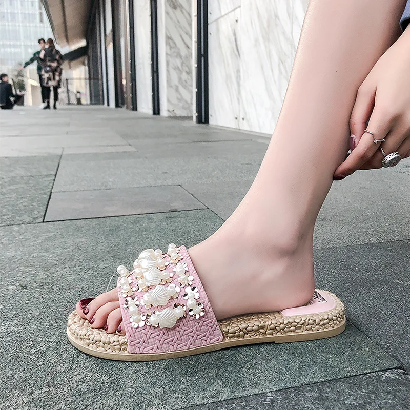 

Beading Summer Women Slippers Beach Style Open Toe Outside Vacation Fashion Slippers for Female Non-slip Bling Women Shoes