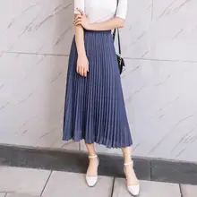 Новая летняя Женская A-shaped тонкая чистая плиссированная шифоновая юбка средней длины с высокой талией Повседневная Милая пляжная юбка в сказочном стиле