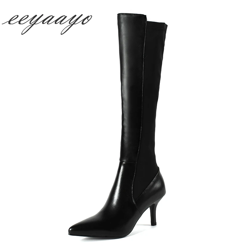 

2018 New Winter Genuine Leather Women Knee-High Boots High Heels Pointed Toe Zipper Sexy Women Shoes Black Cow Leather Boots
