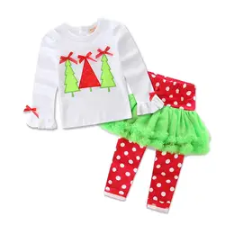 Детские Рождественские костюмы с рисунком оленя, украшенные кружевами, белый топ с длинными рукавами, штаны в горошек, комплект из 2