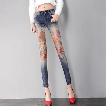 

Autumn Summer Casual Designer Women Painted Flower Skinny Elastic Pencil Denim Trousers , Woman Distressed Printed Jeans Pants