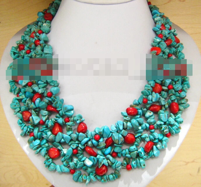 

1026 Blue Turquoise&Red Coral Chips Necklace