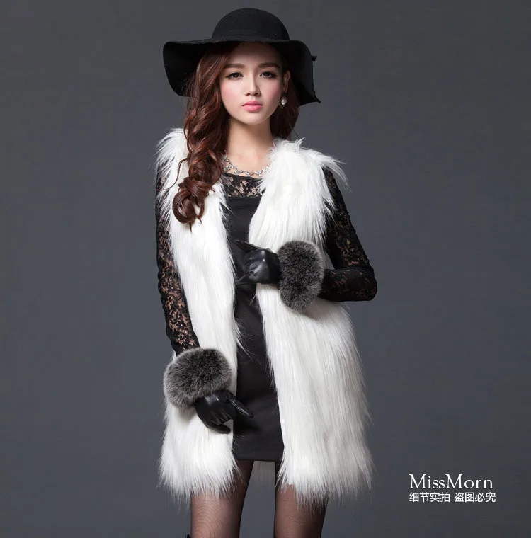 Fashion Autumn and Winter Women's Fox Fur Vest Medium-long V-Neck Fur Shawl Waistcoats Plus Size White Fur Coat Jacket
