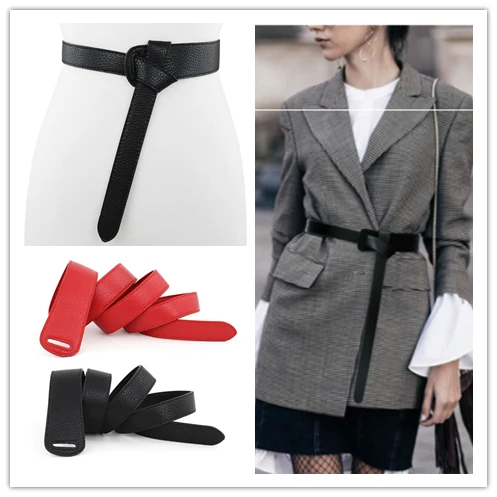 

Women Belts Red Bow Design Thin PU Leather Jeans Luxury Female Belt Girdles Loop Strap Belts Bownot Brown Dress Coat Accessories