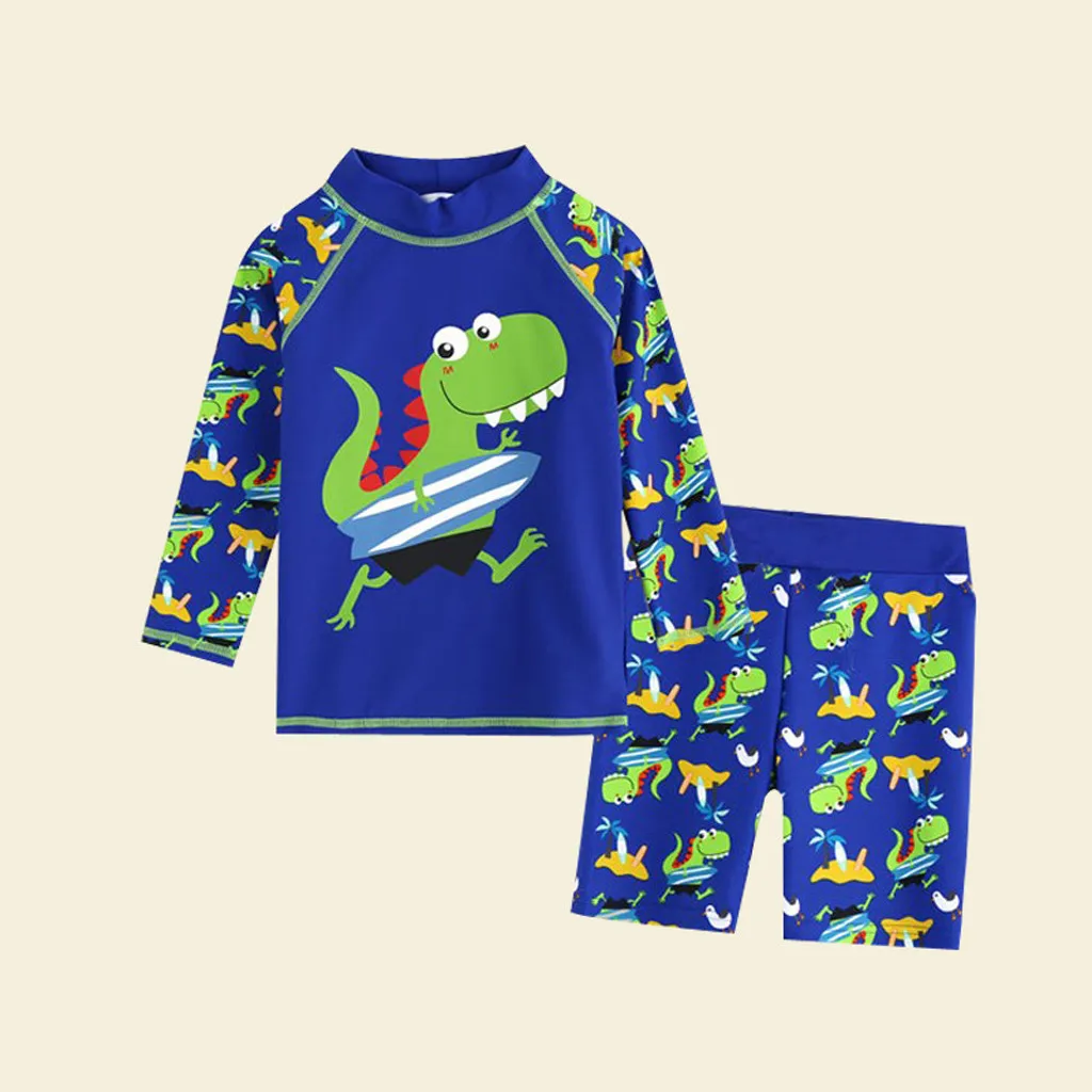 Детский пляжный купальный костюм с длинными рукавами и рисунком динозавра для маленьких мальчиков, набор для купания(зеленый