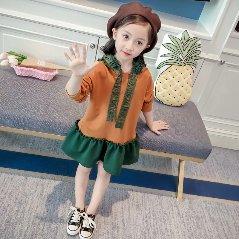

Girls Dresses 2018 Autumn New Children's Casual Dresses Fashion Lace Hooded Stitching Dresses Kids Clothing