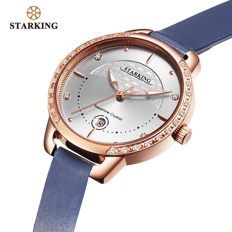 Ceny STARKING zegarki damskie diamentowy zegarek kwarcowy na rękę moda Sapphire zegarek ze skórzanym paskiem data dziewczyna zegarek prezent dla żony Relogio