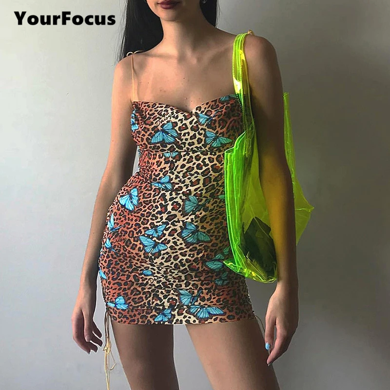 

Sexy wild leopard butterfly print tight dress club spaghetti strap lace dress