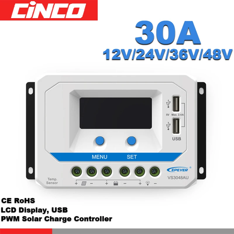 VS3048AU 30A 12V/24V/36V/48V solar charge controller positive grounding with LCD display 5VDC doubel USB output | Обустройство дома