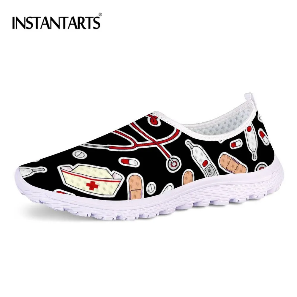 

INSTANTARTS Women Air Mesh Sneakers Breathable Light Summer Spring Slip-on Flat Shoes Cartoon Nurse Printing Sneaker Mesh Shoes