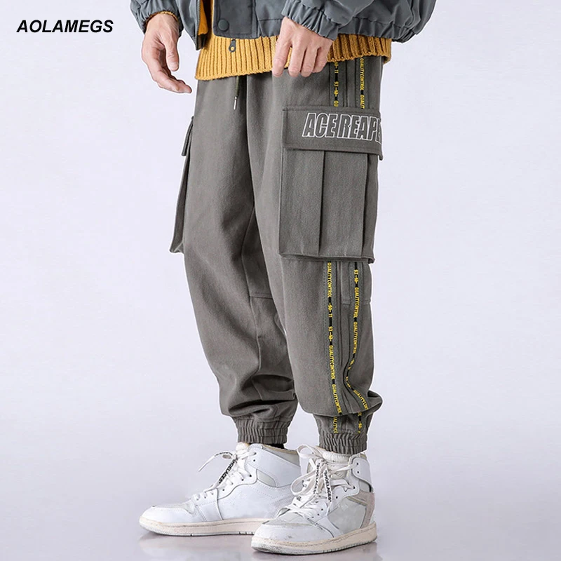 Aolamegs/мужские брюки-карго в стиле пэчворк с большими карманами; спортивные брюки; мужские брюки с эластичной резинкой на талии; повседневные модные спортивные брюки для бега; сезон осень