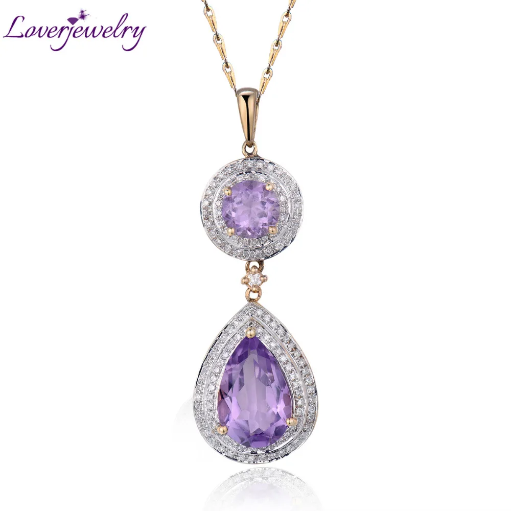 Vintage 14Kt Yellow Gold Natural Diamond Purple Amethyst Pendant 585 Yellow Gold For Sale ER002