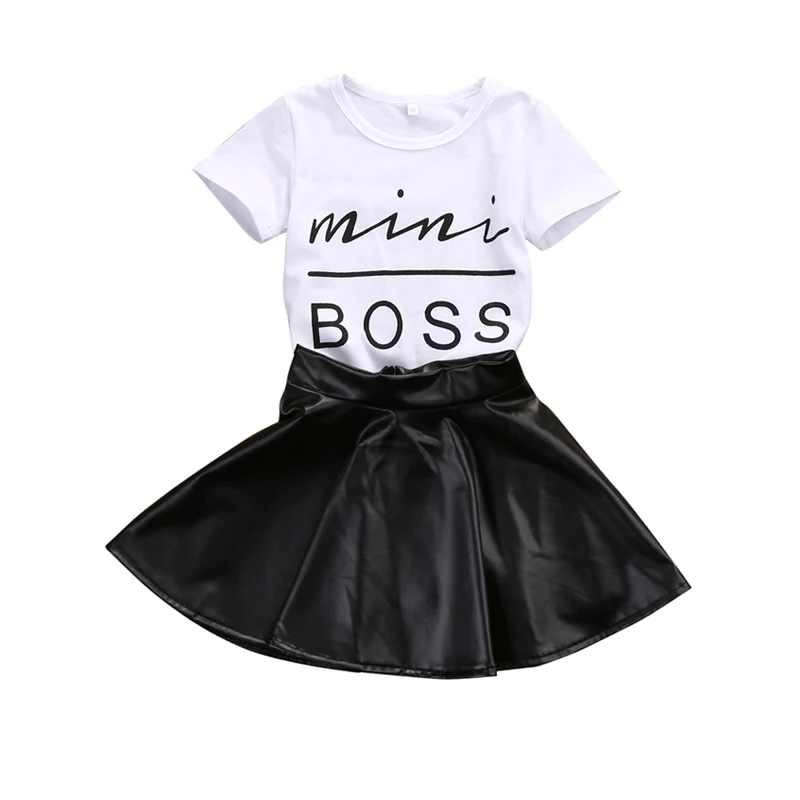 

2018 Fashion Casual Summer 2PCS Newborn Infant Baby Girls Short Sleeve O-Neck Pullover Letter White T-Shirt Leather A-Lin Skirts