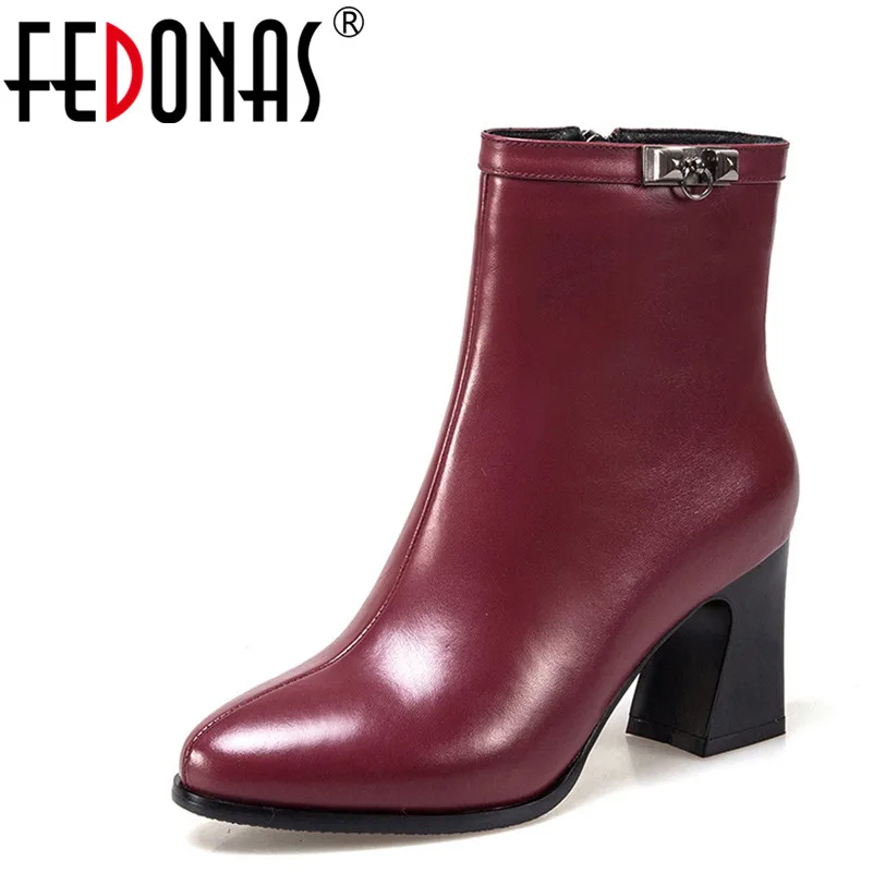 

FEDONAS Top Quality Women Genuine Leather Ankle Boots Side Zipper Warm Short Martin Shoes Woman High Heels Motorcycle Boots