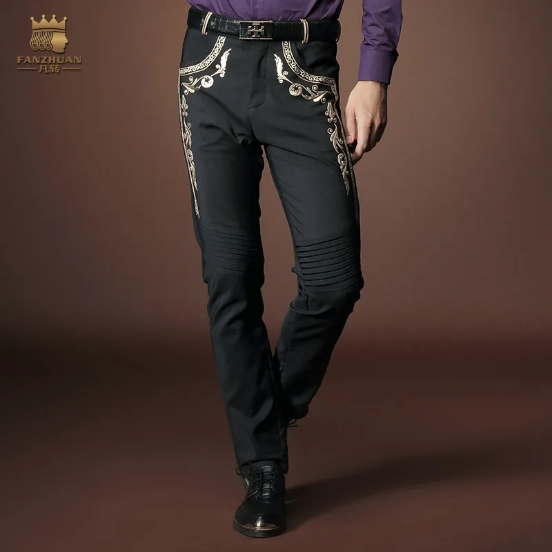

FANZHUAN Free Shipping New fashion male autumn trousers men's embroidery jeans Floral Printed Ruffle skiny black pants 518017