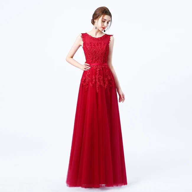 Robe De Soiree Новое милое Розовое Кружевное длинное вечернее платье для невесты без рукавов прозрачное банкетное сексуальное платье для выпускного вечера - Цвет: Red wine