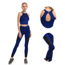 

Summer New Sport Set Blue Hanging Neck Shock Mesh Stitching Vest Yoga Clothing Set Fitness Two Pieces Suit Women's Sportswear