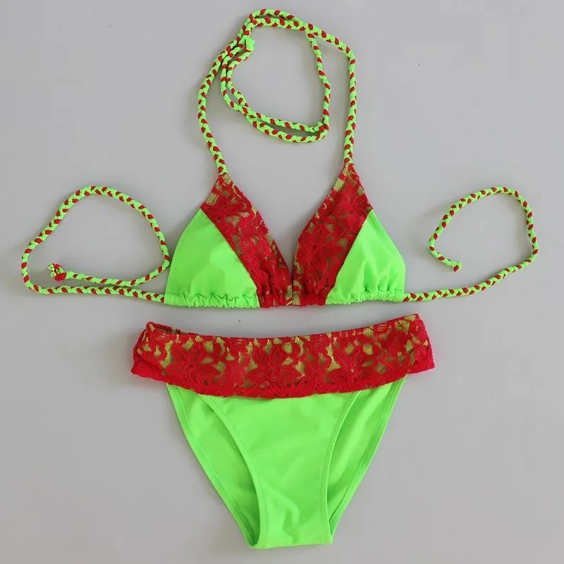 Новое женское сексуальное бикини с кружевами, треугольный купальник с бретельками, плетеные купальники, пуш-ап бикини, бикини бразилиана, 4 цвета, B392 - Цвет: Green