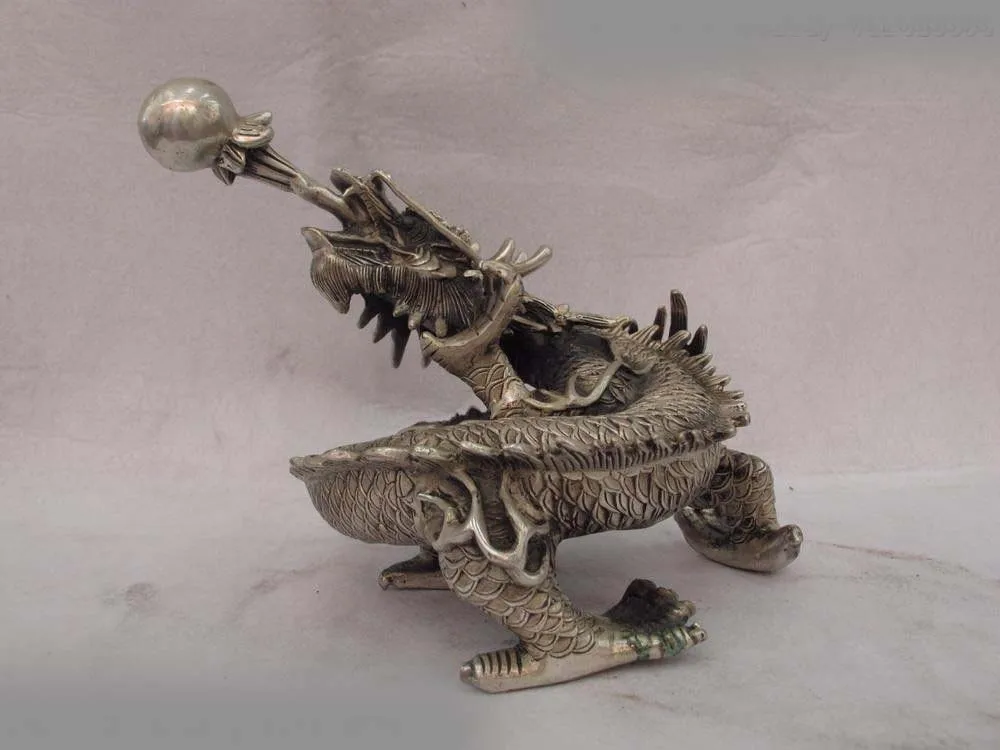 

8 Chinese Royal white Copper silver Feng Shui Auspicious Dragon play bead Statue