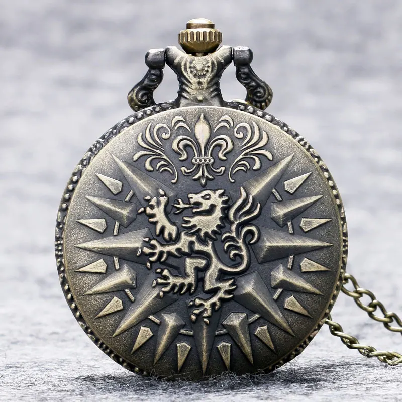 

Antique Bronze Lion Pattern Analog Pocket Watch with Necklace Chain Round White Dial Fob Watch reloj de bolsillo Gift Bag