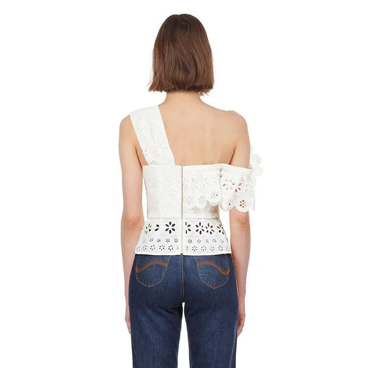 Высококачественная Женская белая Роскошная блуза 2019 летняя Цветочная открытая вышитая роса плеча с открытой спиной необычная блузка