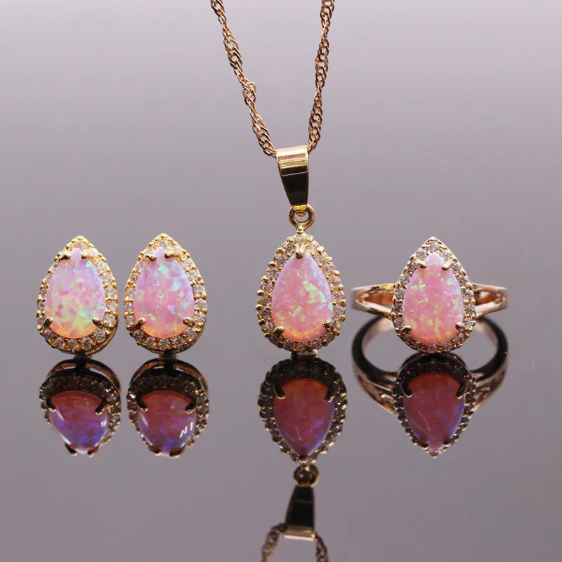 

8x12mm Pink Opal Jewelry Sets Fire Opal Necklaces/Rings/Earrings For Women Synthetic Opal Necklace Jewelry sets