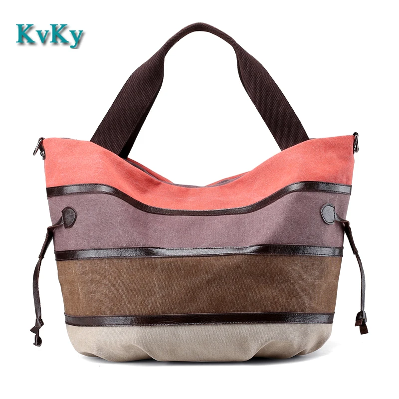 

KVKY Brand Canvas Bag Tote Striped Women Handbags Laides Shoulder Bag New Fashion Sac a Main Femme De Marque Casual Bolsos Mujer