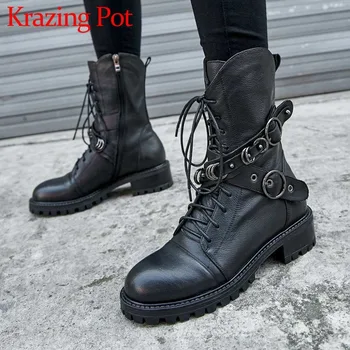 

European designer plus size real cow leather round toe med square heels buckle belts zip rock girls luxury motorcycle boots L51