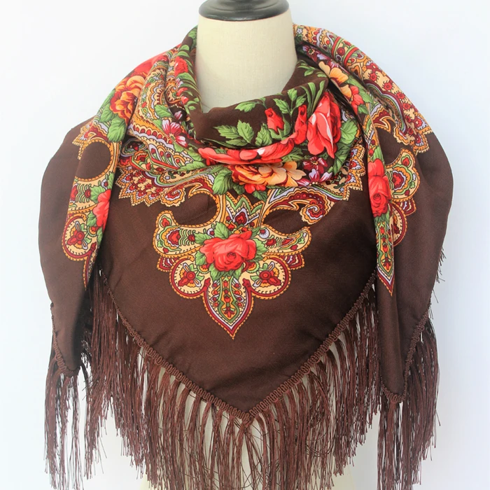 Luxury Brand Winter Russian Fringe Big Scarves Floral Printed Scarf Shawl Gift Cotton Lady Warm Square Wrap Sunshade Scarves