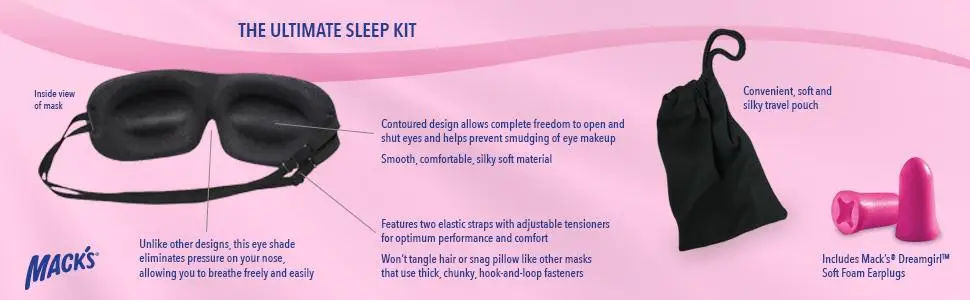 2 Strap Eye Mask with Mack's Dreamgirl Soft Foam Earplugs Mack's Dreamgirl Contoured Sleep Mask-Pink, Comfortable, Adjustable, 2 Strap Eye Mask with Mack's Dreamgirl Soft Foam Earplugs Mack's Dreamgirl Contoured Sleep Mask-Pink, Comfortable, Adjustable,