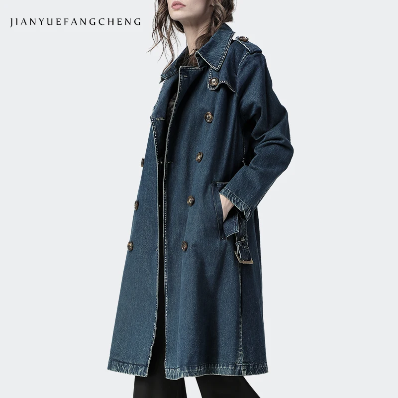 

Denim Trench Coat Woman Plus Size 2018 Autumn Women Fashion Long Coat Turn-down Blue Ladies Overcoats Slim Double Breasted