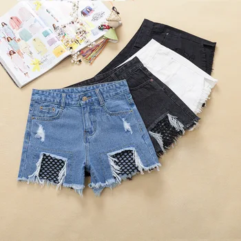 

Fashion women gauze hole jeans denim shorts