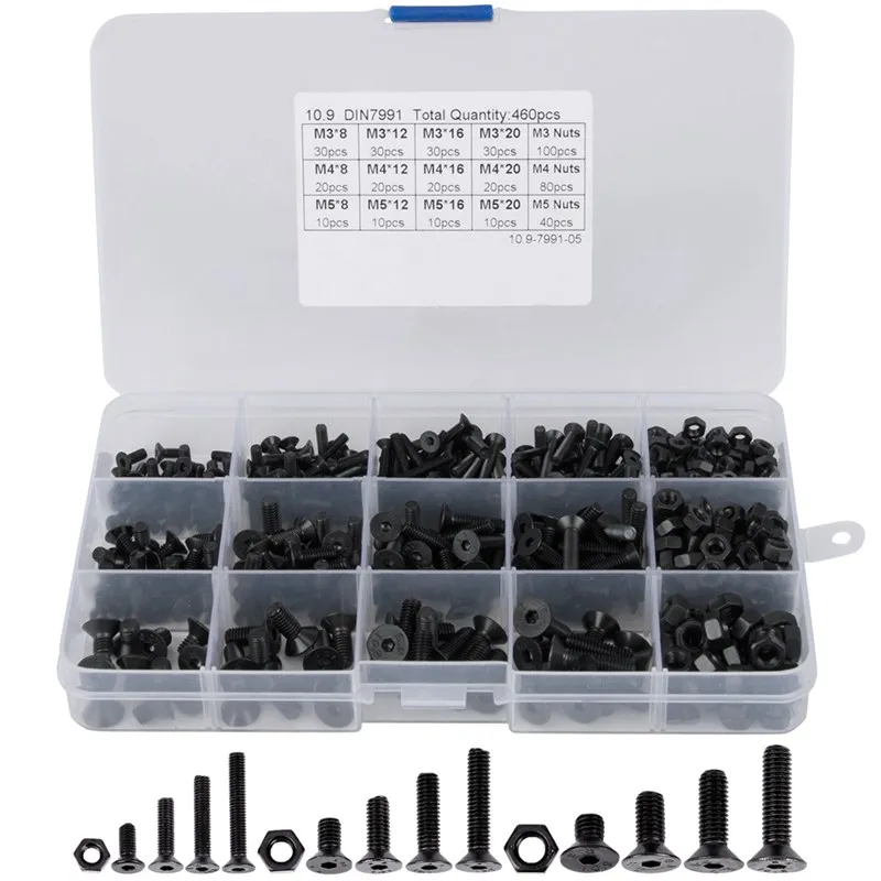 

460Pcs M3 M4 M5 Alloy Steel Countersunk Flat Head Hex Socket Cap Screws Nuts Set Assortment Kit Precise Metric Bolts Nuts Set