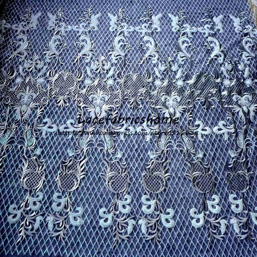 

Off white high quality sparkling sequins on netting Embroidery evening/stage/show dress lace fabric 130cm 1 yard