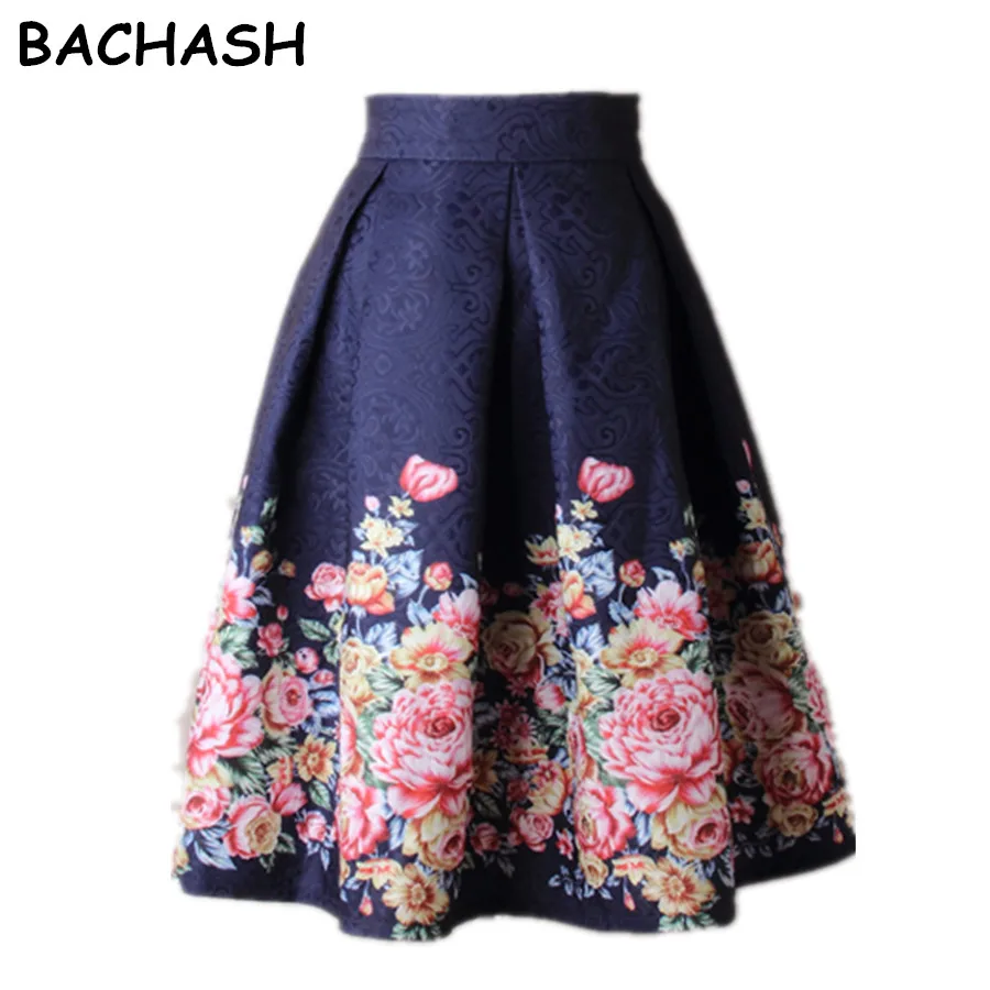 

Bachash 2019 Blue Summer Women Skirt Vintage Peach Blossom Floral Print High Waist Ball Gown Pleated Midi Skater Skirts