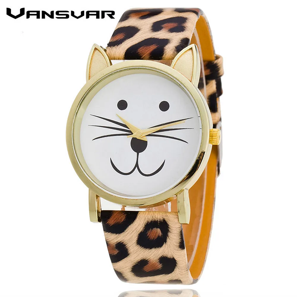

VANSVAR Fashion Leather Strap Golden Cat Watch Women Dress Watches Wristwatches Reloj Mujer Relogio Feminino Drop Shipping 1149
