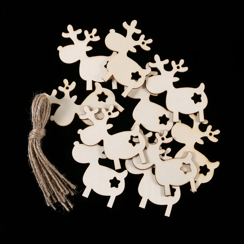 

10pcs Christmas Deer Home Decor Art Ornaments DIY Crafts Scrapbooking Handmade Hanging Decoration Wooden Tags