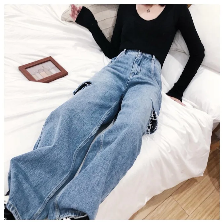 

New Spring 2019 Cut Blue Water Wash Jeans Broad-legged Trousers Fake Zippers Spliced Pockets Button Full Length Women Jeans