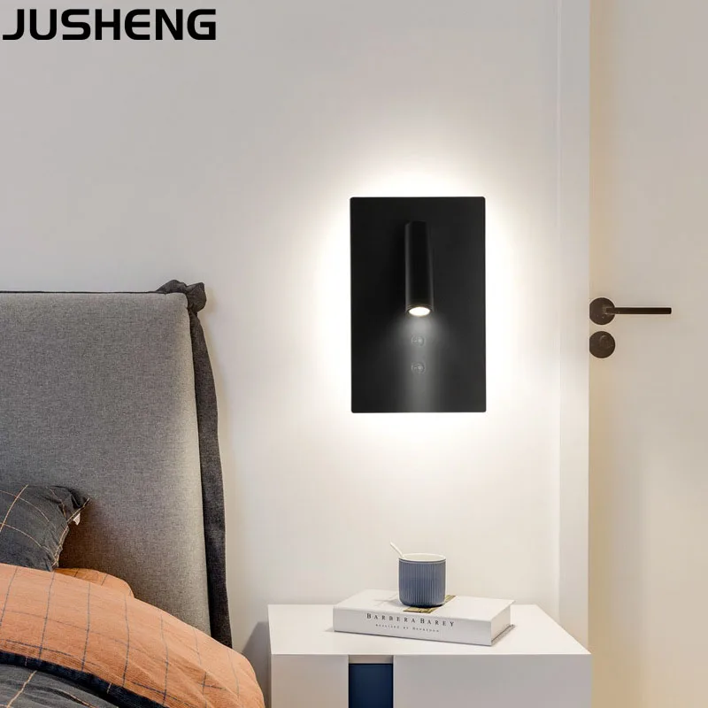 JUSHENG Round LED Bedside Wall Lamp with Rotated Spot Light and Self-switch Art Wall Light in Bedroom