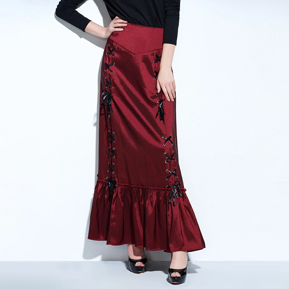 Women Gothic Maxi Skirts Mermaid Elegant Black Long Skirt Burgundy Goth