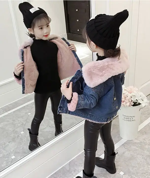 Autumn Winter Children Girls Plus Velvet Jeans Jackets Kids Girls Thick Warm Faux Rabbit Fur Denim Coats Baby Clothing W140