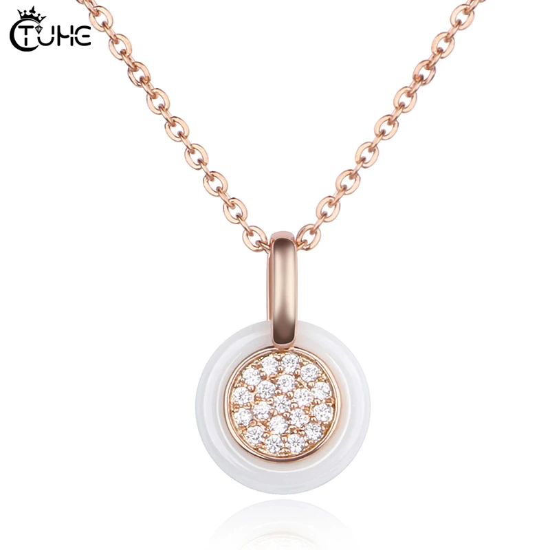 

Exquisite Rose Gold Color White Cubic Zirconia Ceramic Round Necklace Pendants for Women Fashion Jewelry With Free Chain Jewelry
