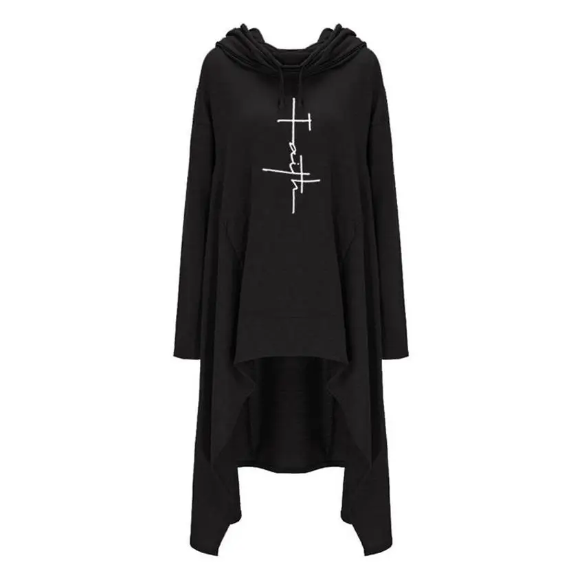 Hoodies For Women Long Irregular  Faith Letters Print Hoodies Women Tops Kawaii Casual Cotton Pattern Loose Comfortable Creative